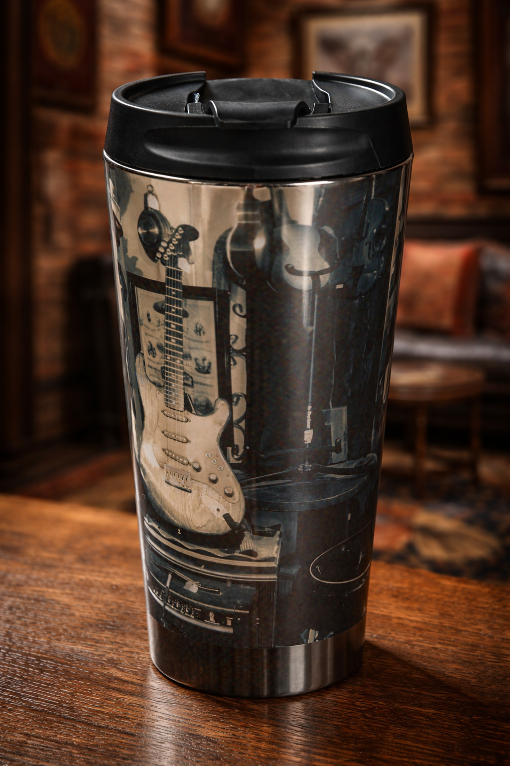 Vintage Guitar Shop Travel Mug--Musician Coffee Tumbler