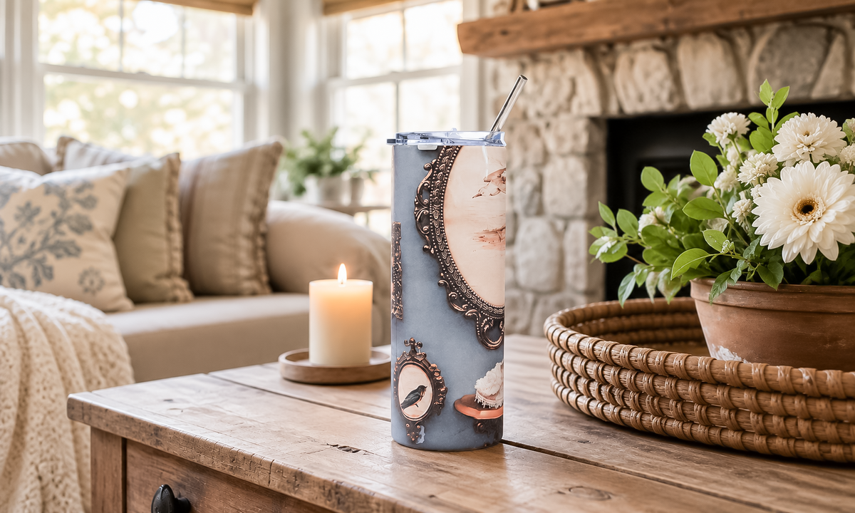 Vintage-inspired travel mug featuring antique guitar photography, displayed beside a coffee pot on a warm kitchen countertop.