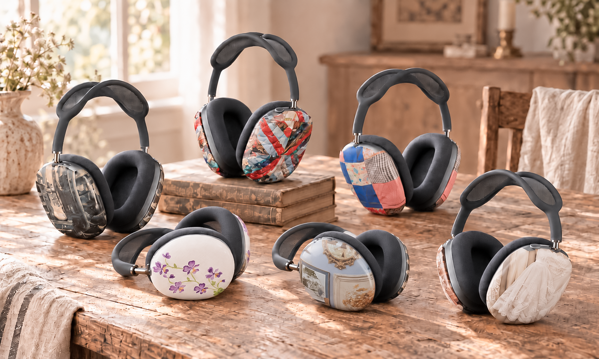 Vintage Hearts Club AirPods Max shell covers styled together in a coordinated product image featuring vintage-inspired designs.