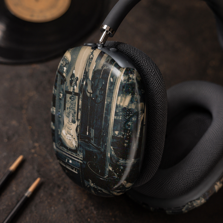 Vintage-inspired AirPods Max shell cover featuring dark antique shop photography on black over-ear headphones in a moody close-up.