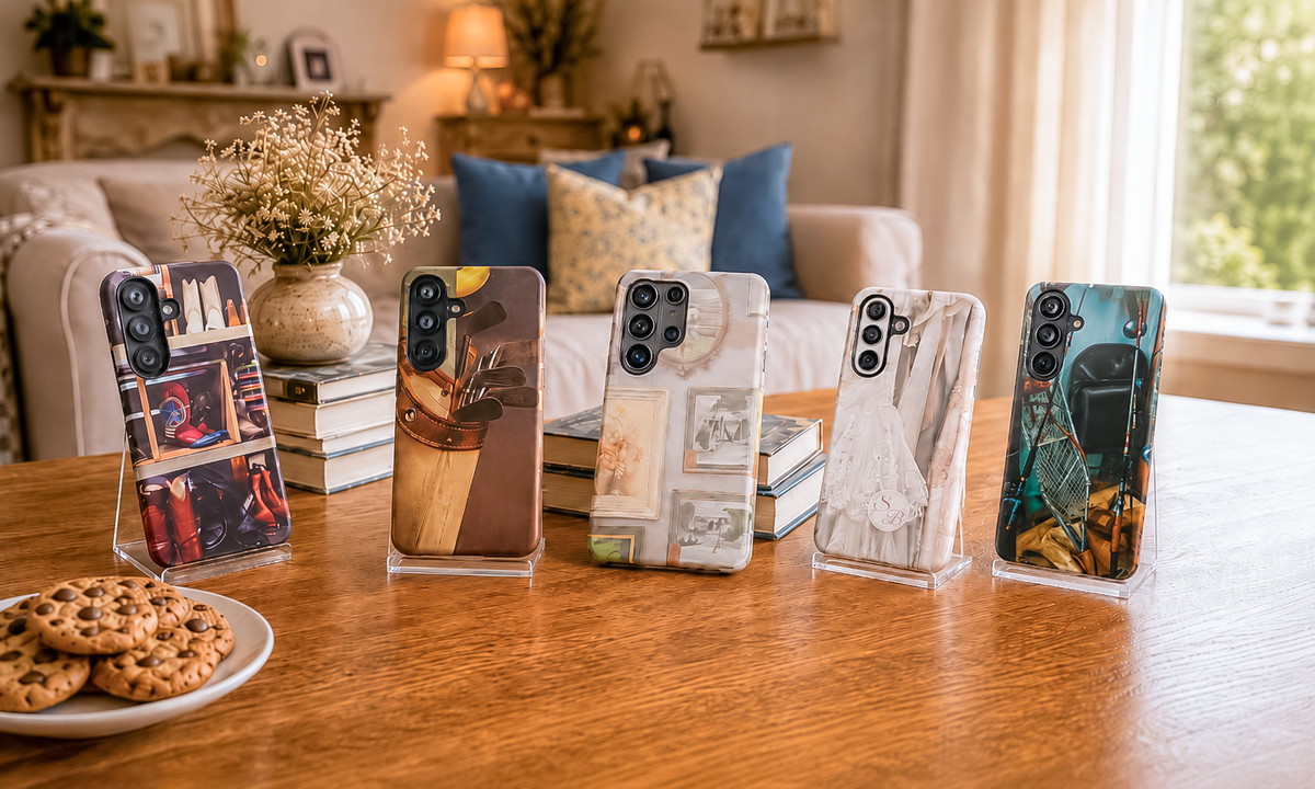Five Vintage Hearts Club Samsung phone cases displayed on clear acrylic stands on a warm wooden table, featuring western, golf, vintage frame, bridal lace, and fishing designs.