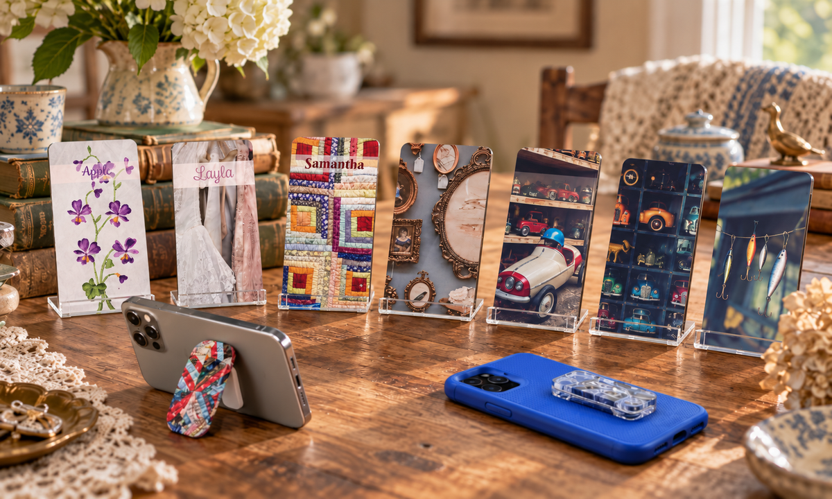 Vintage Hearts Club phone display stand, phone grip kickstands, and slim round phone grips styled together in a coordinated product image featuring vintage-inspired designs.