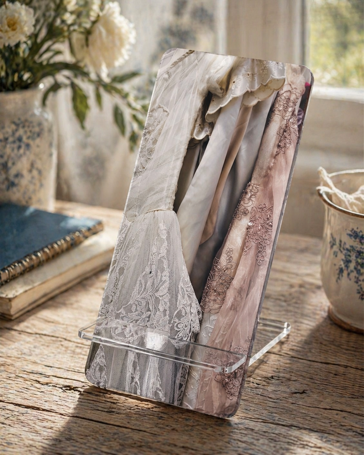 Vintage-inspired phone stand featuring lace dress photography, displayed on a clear acrylic base atop a rustic wooden table in soft natural light.