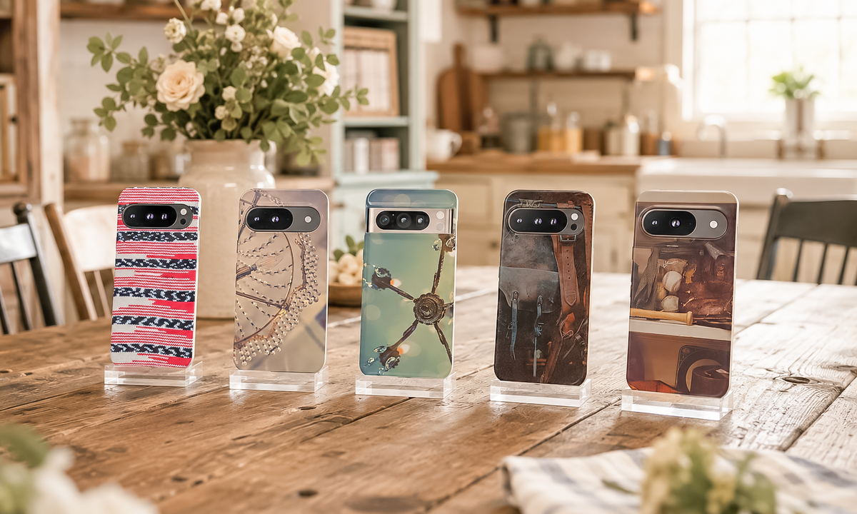 Five Vintage Hearts Club Google Pixel phone cases displayed on clear acrylic stands on a rustic farmhouse table, featuring knit, chandelier, vintage leather, baseball, and nostalgic photography designs.
