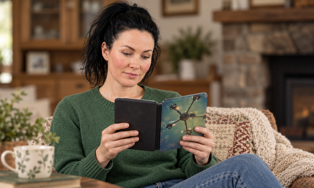 woman in a green sweater holding a Kindle with a vintage chandelier photograph design in a cozy, softly lit reading setting.