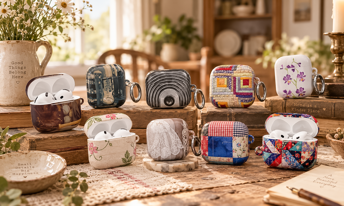 Vintage Hearts Club AirPods and AirPods Pro cases arranged in a coordinated image to display the vintage-inspired designs.