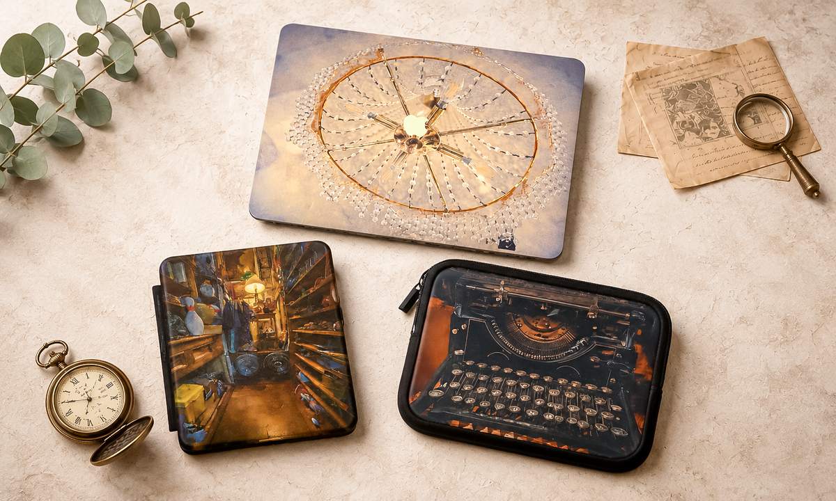 Vintage Hearts Club tech accessories arranged in a warm vintage flatlay, featuring a chandelier laptop cover, antique shop case, and vintage typewriter zippered sleeve with a pocket watch and magnifying glass.