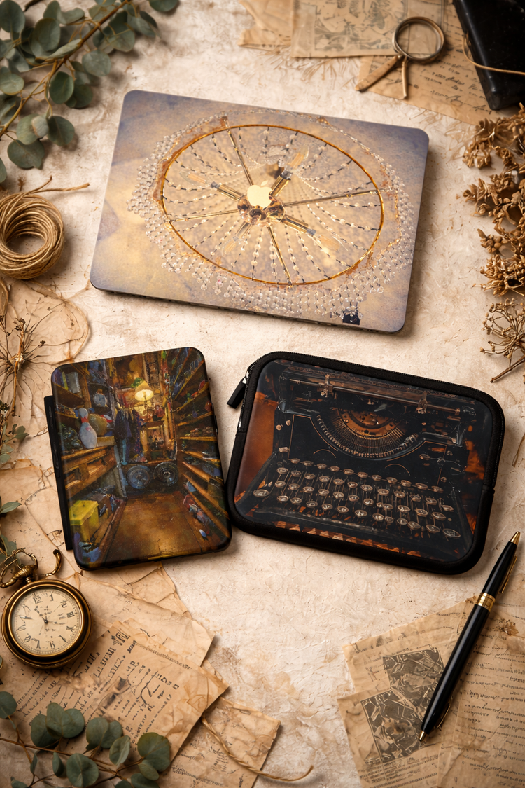 Vintage tech cases collection including MacBook cover, Kindle 7 inch case, and laptop sleeve with antique photography designs styled in a neutral flat lay.