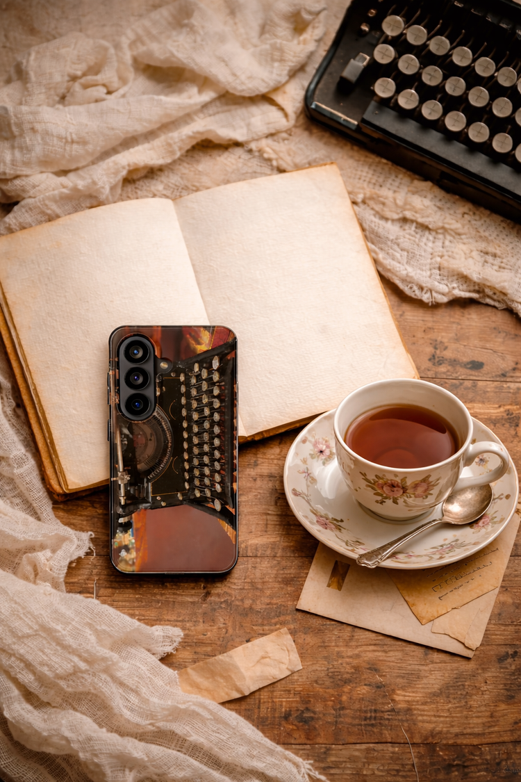 Vintage typewriter phone case on open notebook beside teacup in cozy writing flat lay