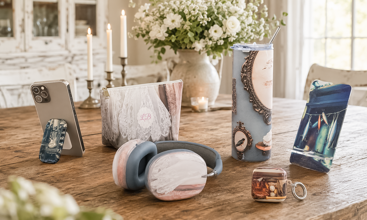 Vintage Hearts Club accessory collection displayed on a rustic farmhouse table with a fishing lure phone stand, blue oval frame tumbler, bridal lace AirPods Max covers, baseball AirPods case, bridal lace makeup bag, and vintage guitar phone grip.