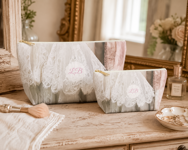 Vintage-inspired accessory bag featuring lace dress photography, styled on an antique vanity with a makeup brush, jewelry dish, and vintage decor.