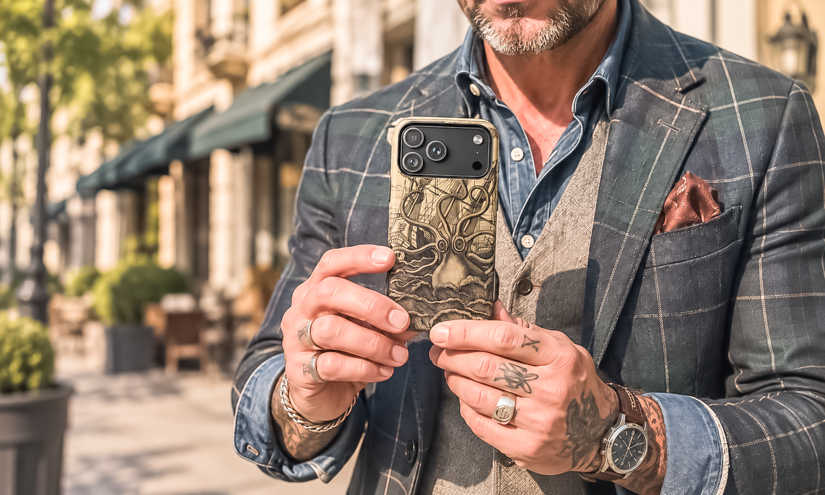 Man holding a vintage Kraken phone case with antique-style octopus artwork on a sunlit city street.