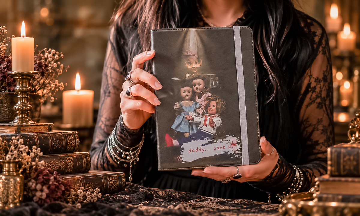Woman holding a dark vintage Creepy Doll iPad folio case by candlelight, featuring antique dolls and the words “daddy... save us.”