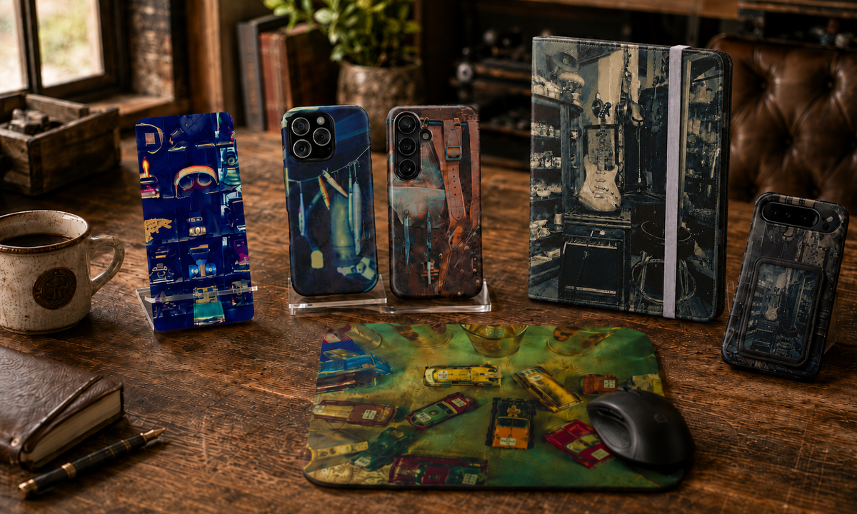A collection of vintage-inspired designs that make perfect gifts for men. Included are phone display stands, phone cases, tablet folio covers, mouse pads, and card wallets for you phone.