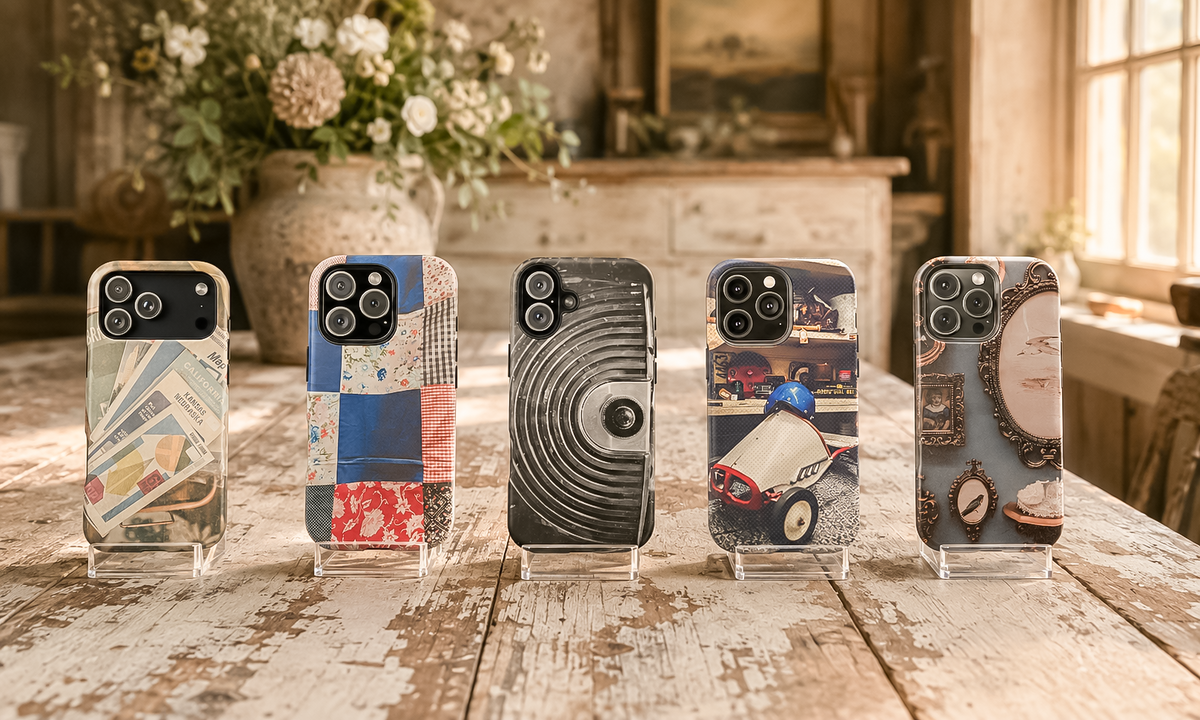 Five Vintage Hearts Club phone cases on clear acrylic stands across a rustic farmhouse table, featuring vintage maps, patchwork quilt, record player, pedal car, and blue oval frame designs.