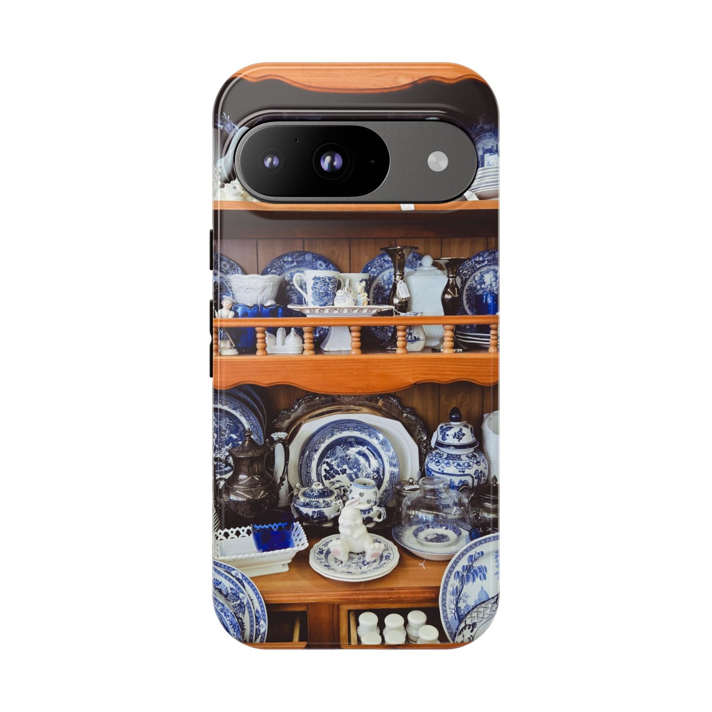 Blue & White China Tough Phone Case, Vintage Curio Shelf iPhone Samsung Google Pixel Cover