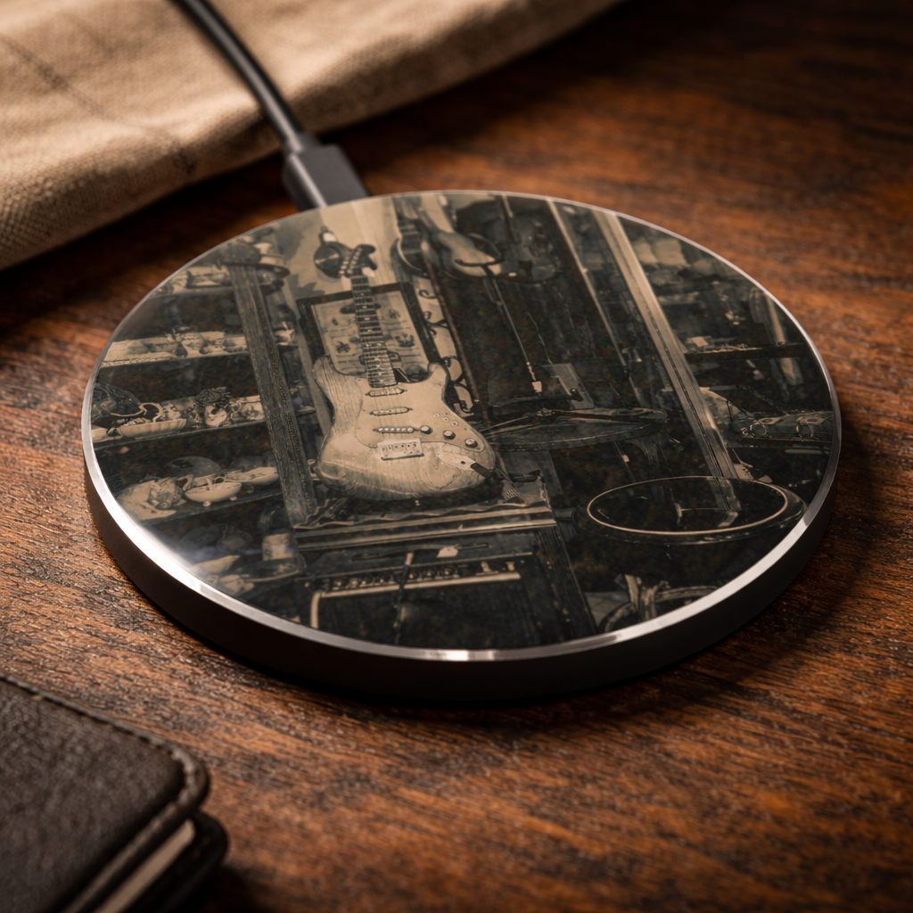 Vintage Guitar Wireless Charger – Qi Phone Charging Pad for Music Lovers, Guitar Player Desk Decor
