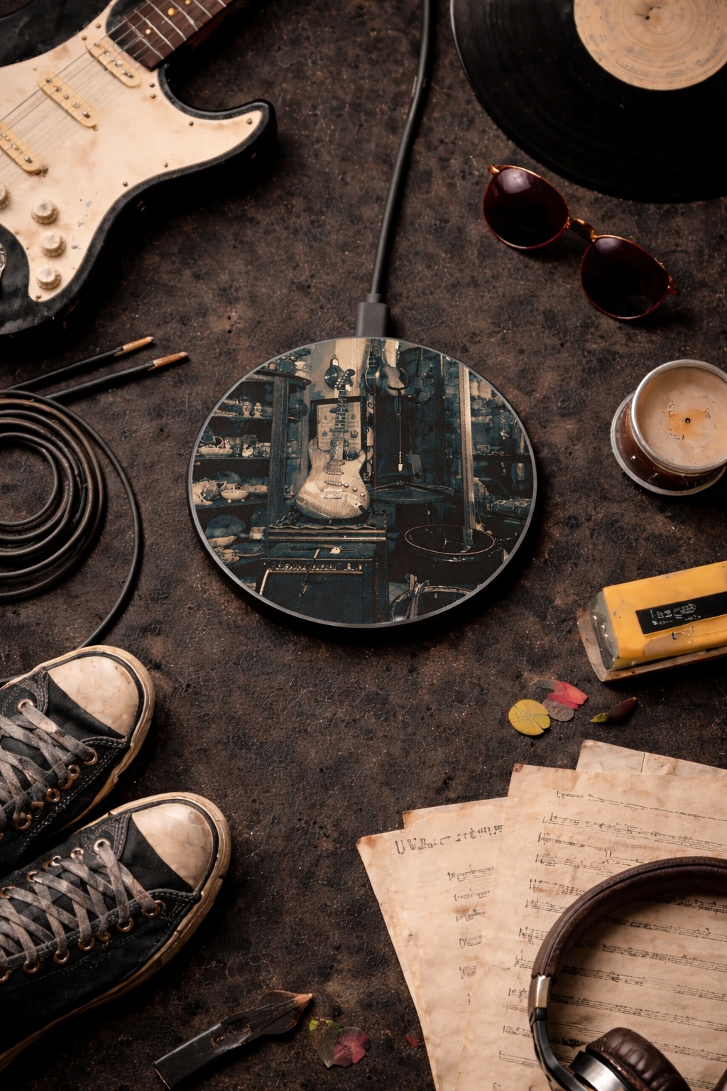 Vintage Guitar Wireless Charger – Qi Phone Charging Pad for Music Lovers, Guitar Player Desk Decor