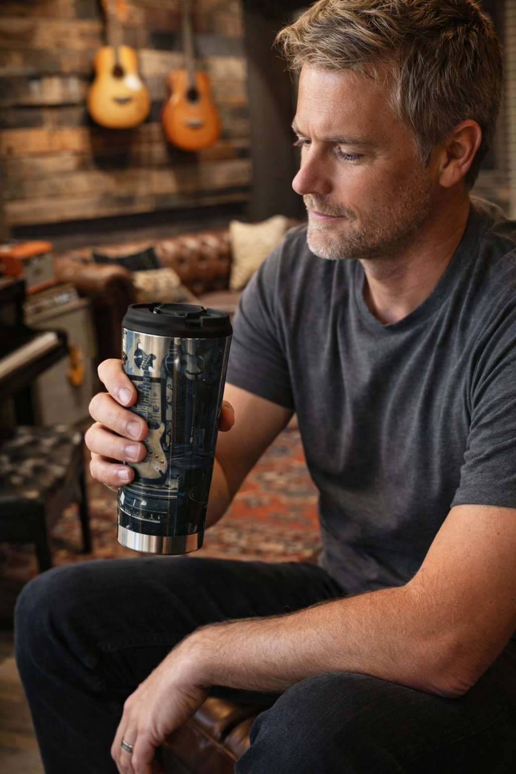 Vintage Guitar Shop Travel Mug--Musician Coffee Tumbler