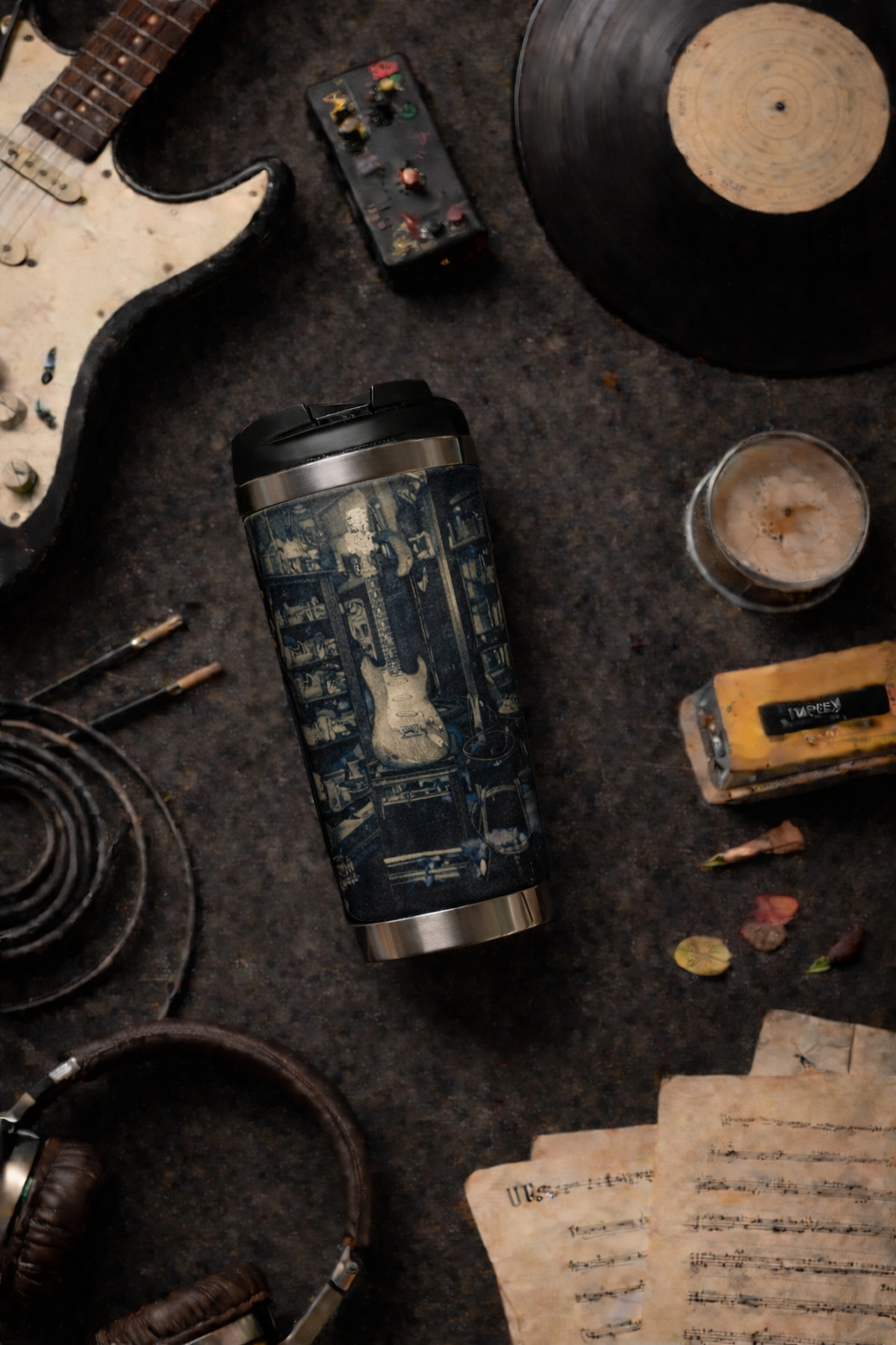 Vintage Guitar Shop Travel Mug--Musician Coffee Tumbler