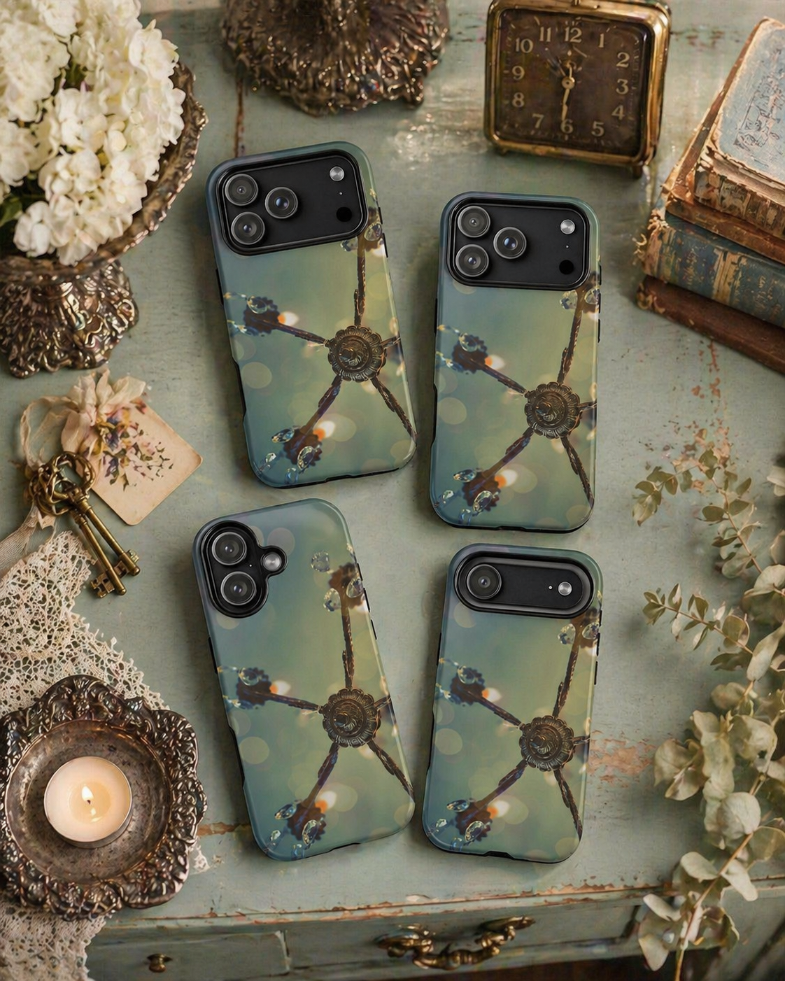 Vintage Chandelier Tough Phone Case--Teal Bokeh Crystal iPhone Cover