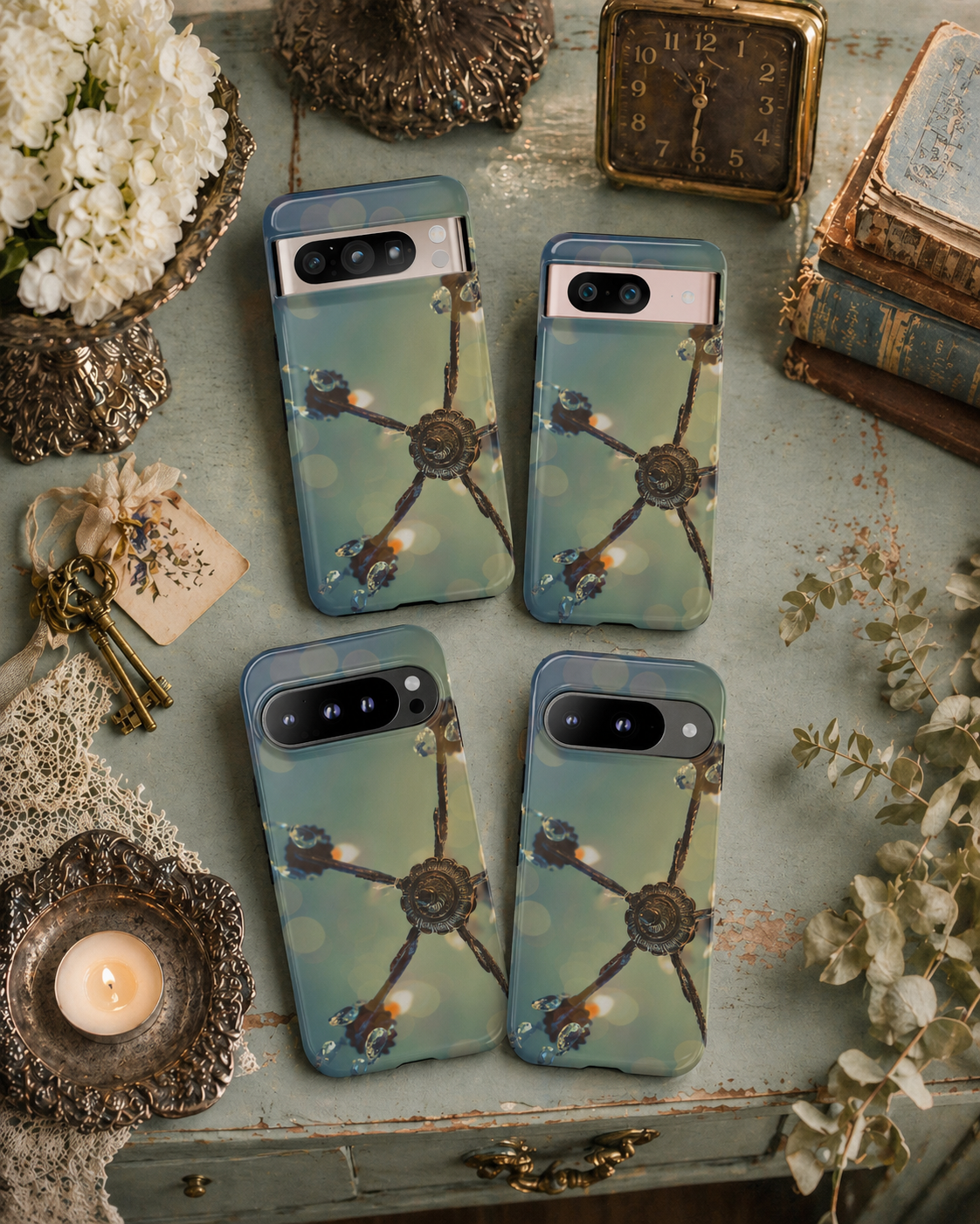 Vintage Chandelier Tough Phone Case--Teal Bokeh Crystal iPhone Cover