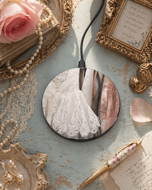 Vintage Lace Wedding Dress Wireless Charger | Romantic Bridal Gown Charging Pad for Desk or Vanity