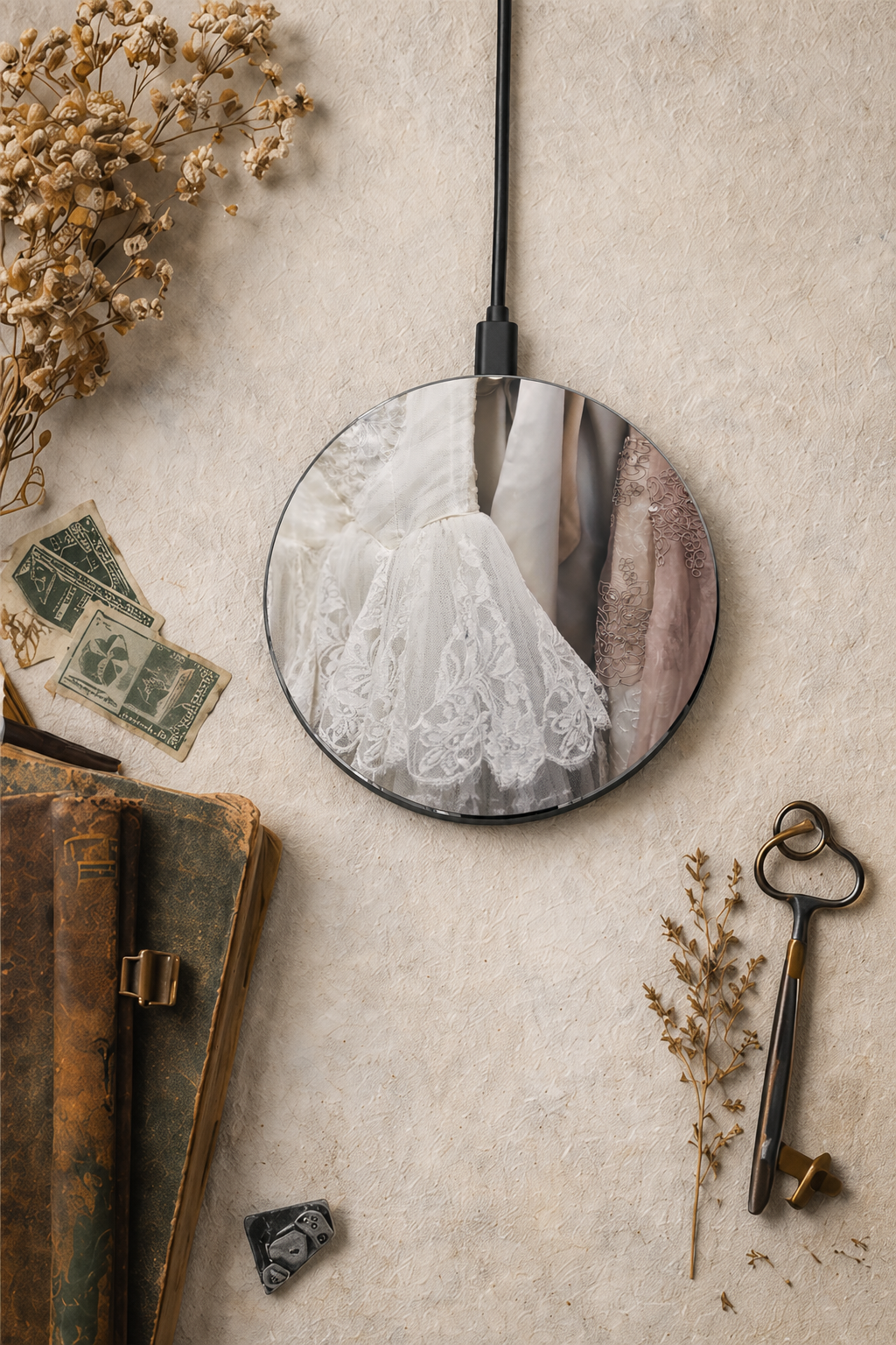Vintage Lace Wedding Dress Wireless Charger | Romantic Bridal Gown Charging Pad for Desk or Vanity