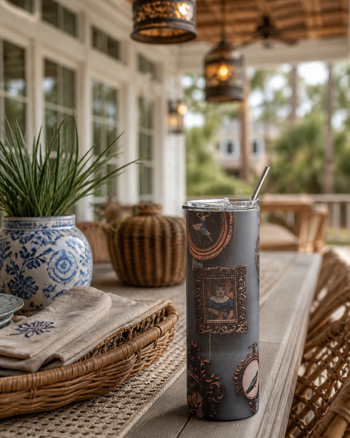 Vintage Portrait Gallery 20oz Stainless Steel Tumbler with Metal Straw | Antique Art Travel Cup