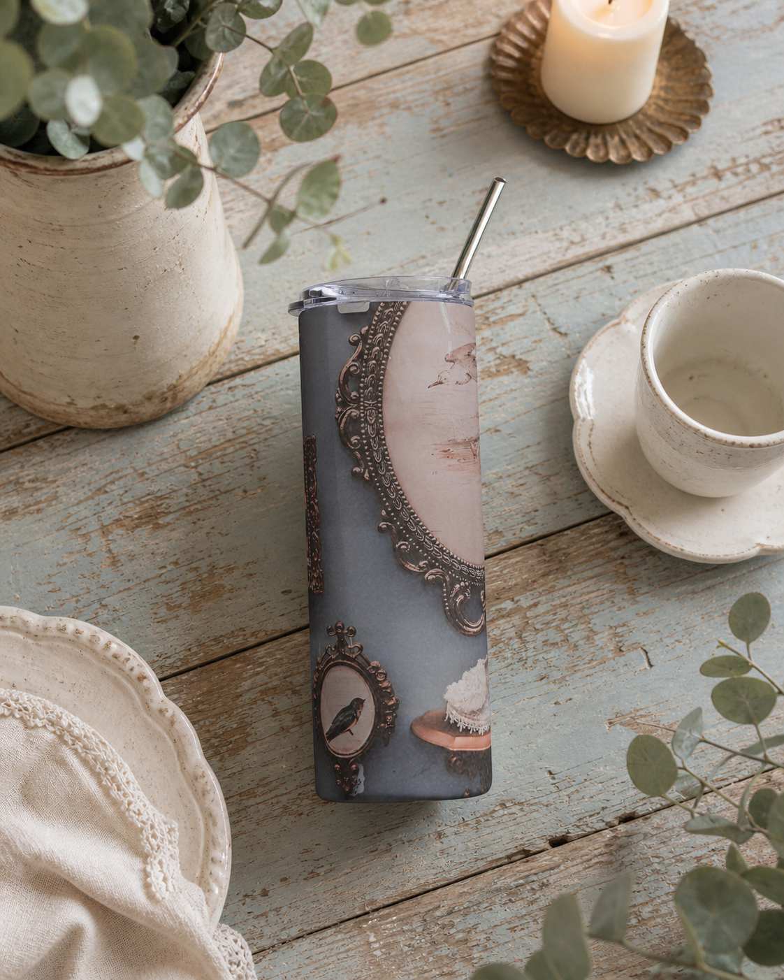 Vintage Portrait Gallery 20oz Stainless Steel Tumbler with Metal Straw | Antique Art Travel Cup