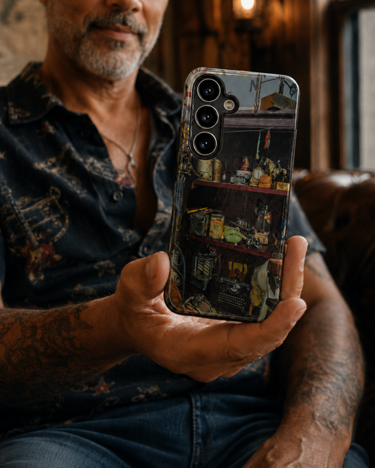 Vintage Workshop Shelf Tough Phone Case – Antique Tools & Typewriter Cover for iPhone & Samsung