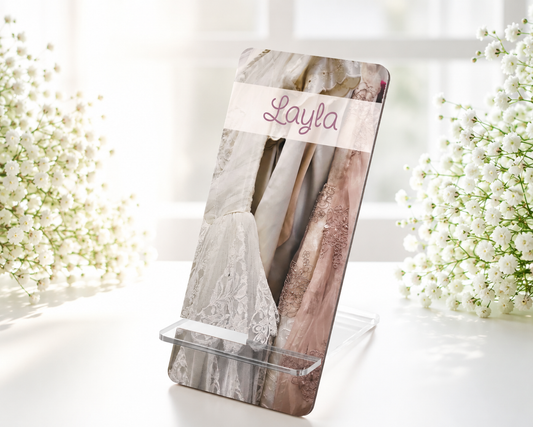 Vintage Lace Dress Personalized Phone Stand | Romantic Bridal Smartphone Holder for Desk or Vanity
