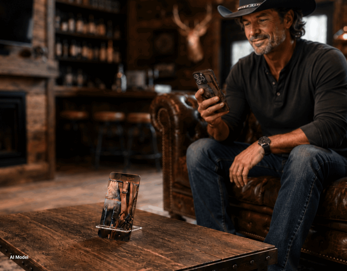 Vintage Western Cowboy Phone Display Stand – Rustic Desk Accessory