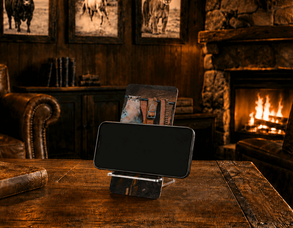 Vintage Western Cowboy Phone Display Stand – Rustic Desk Accessory