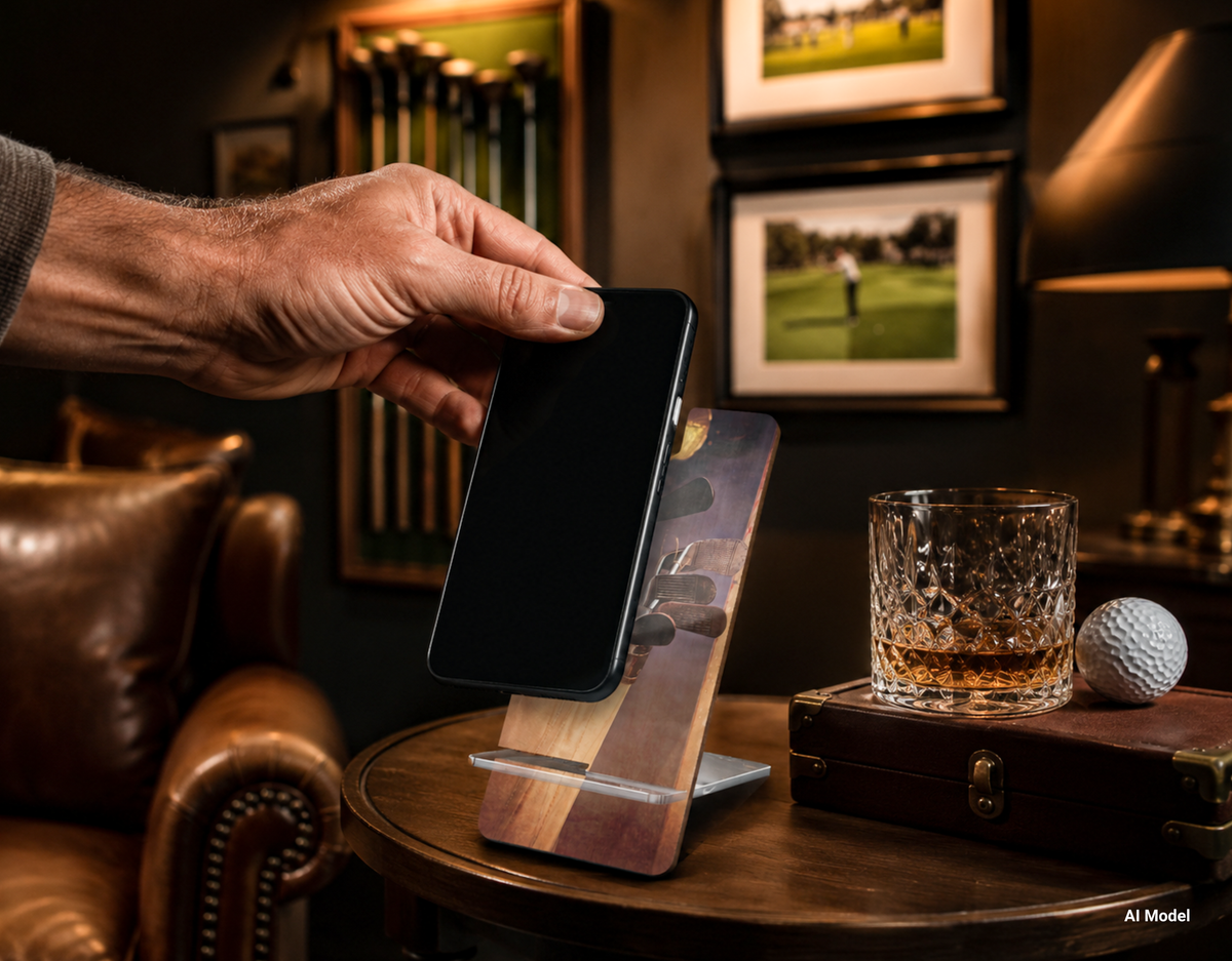 Vintage Golf Phone Display Stand – Classic Golfer Desk Accessory