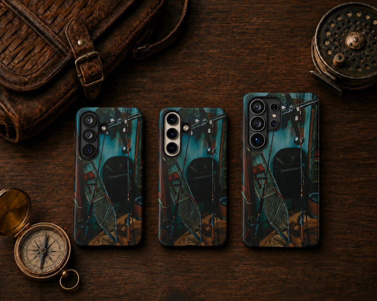 Vintage Fishing Gear Tough Phone Case – Dual-Layer Outdoorsman Cover