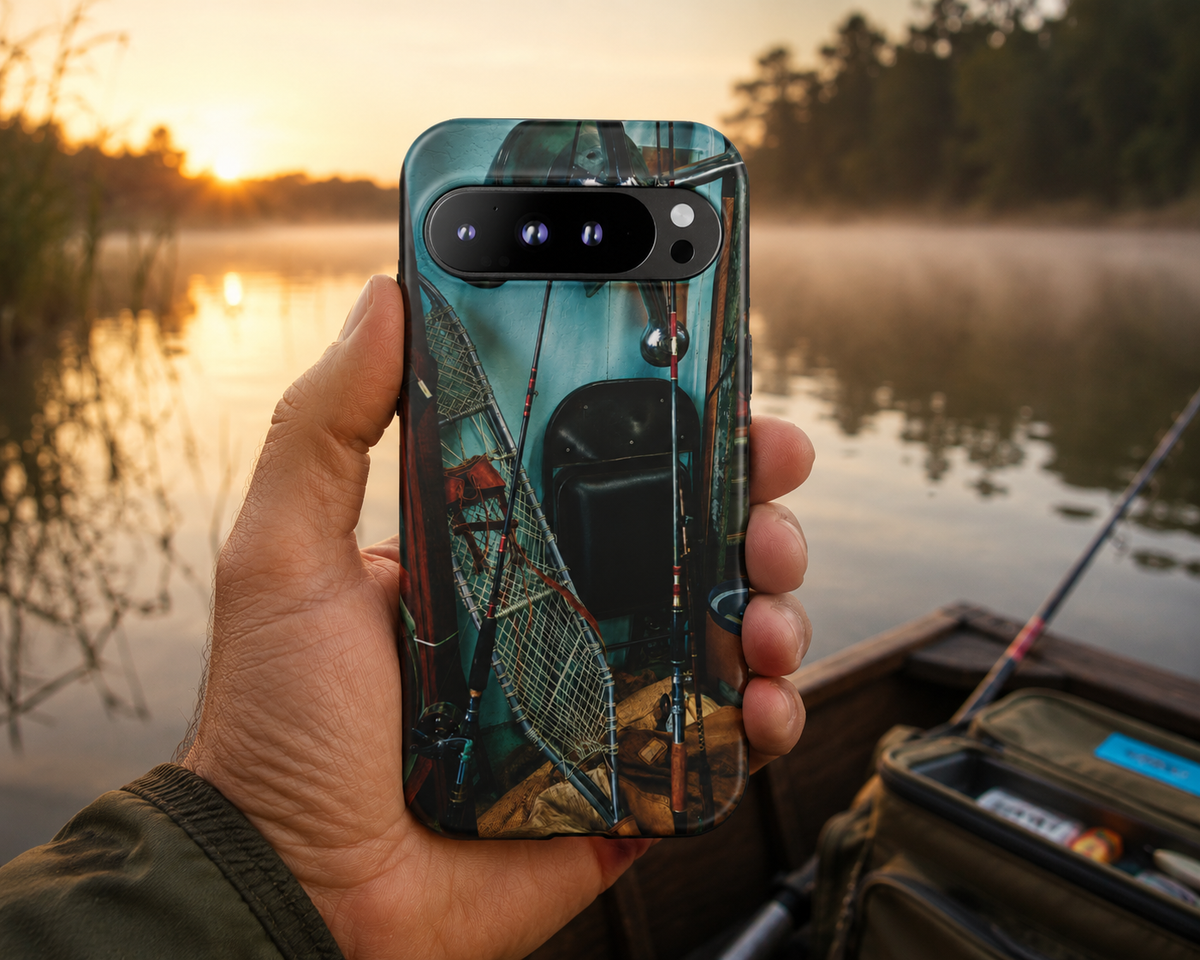 Vintage Fishing Gear Tough Phone Case – Dual-Layer Outdoorsman Cover