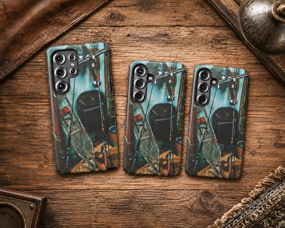 Vintage Fishing Gear Tough Phone Case – Dual-Layer Outdoorsman Cover