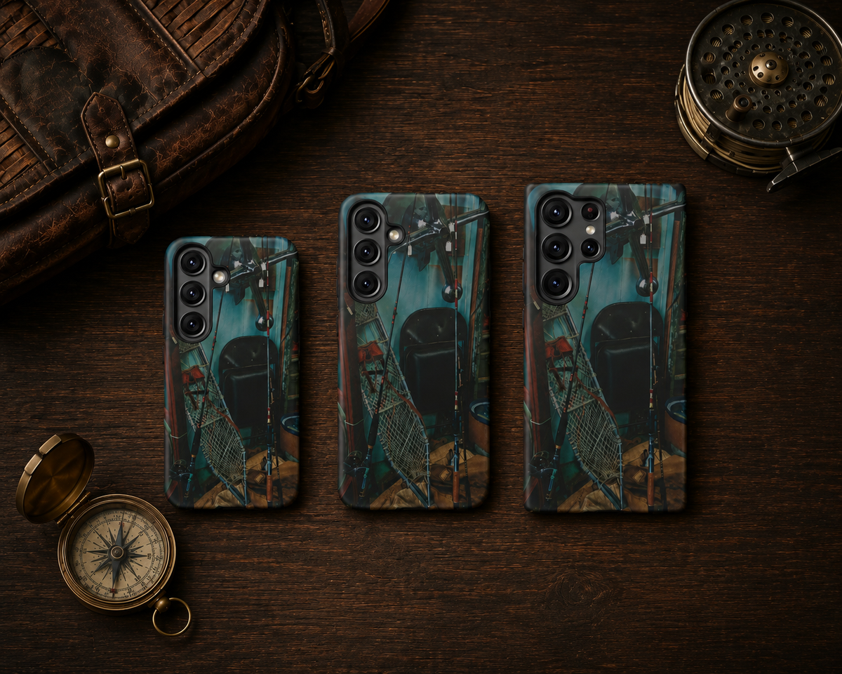 Vintage Fishing Gear Tough Phone Case – Dual-Layer Outdoorsman Cover