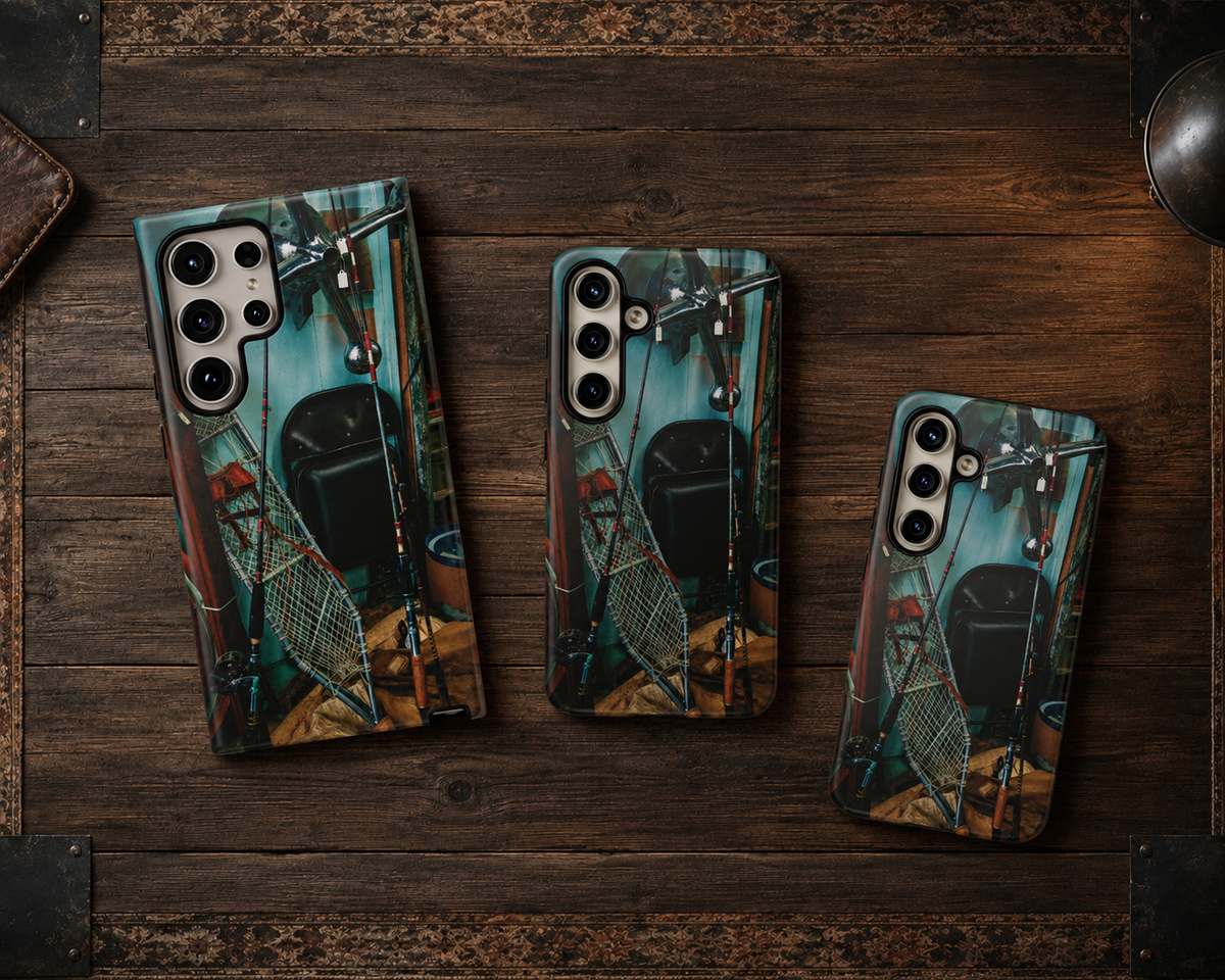 Vintage Fishing Gear Tough Phone Case – Dual-Layer Outdoorsman Cover