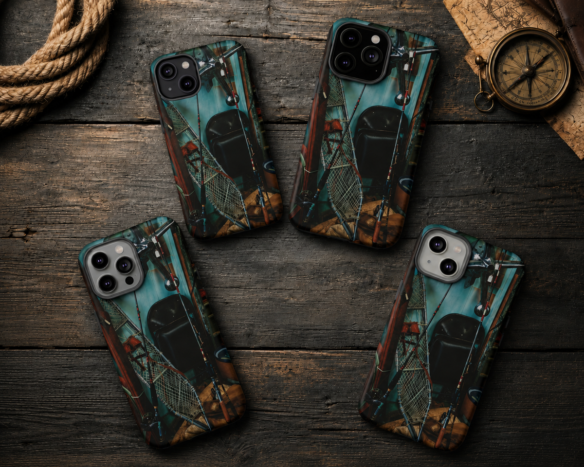 Vintage Fishing Gear Tough Phone Case – Dual-Layer Outdoorsman Cover