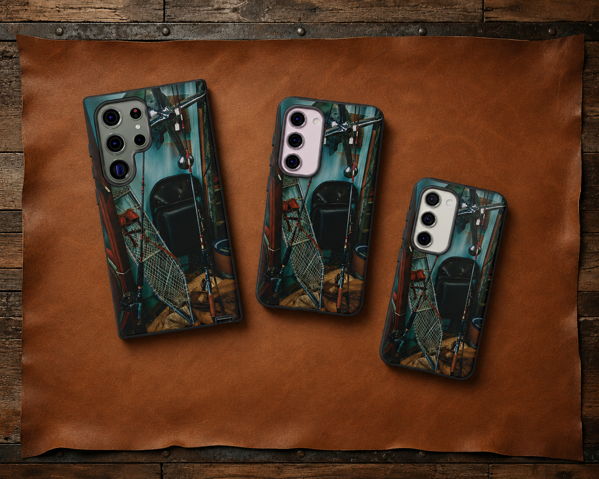 Vintage Fishing Gear Tough Phone Case – Dual-Layer Outdoorsman Cover