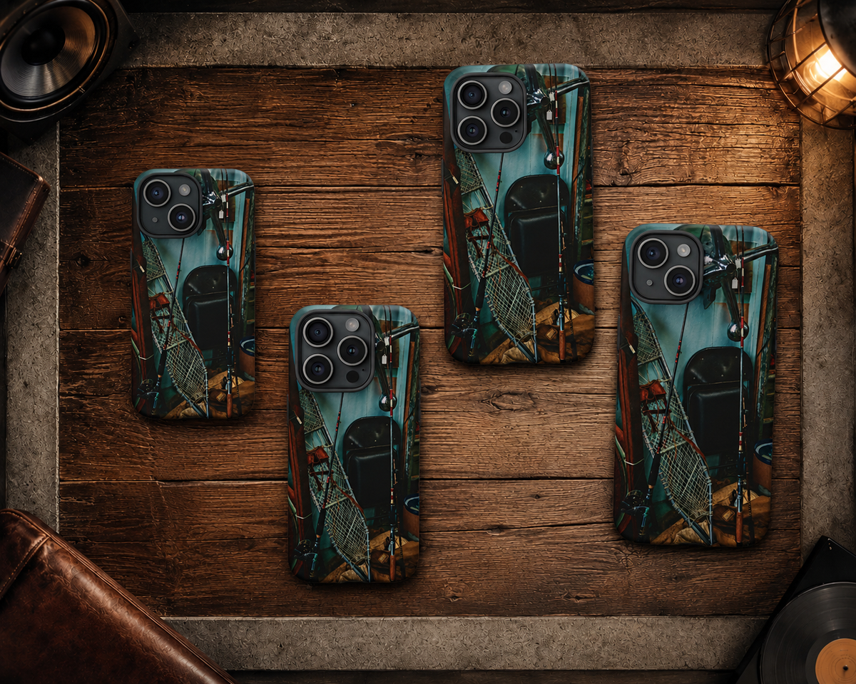 Vintage Fishing Gear Tough Phone Case – Dual-Layer Outdoorsman Cover