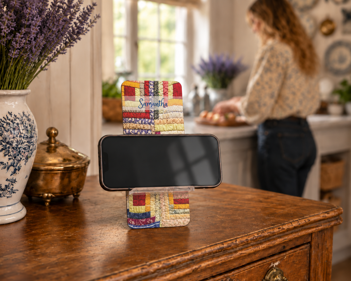 Personalized Vintage Log Cabin Quilt Phone Stand