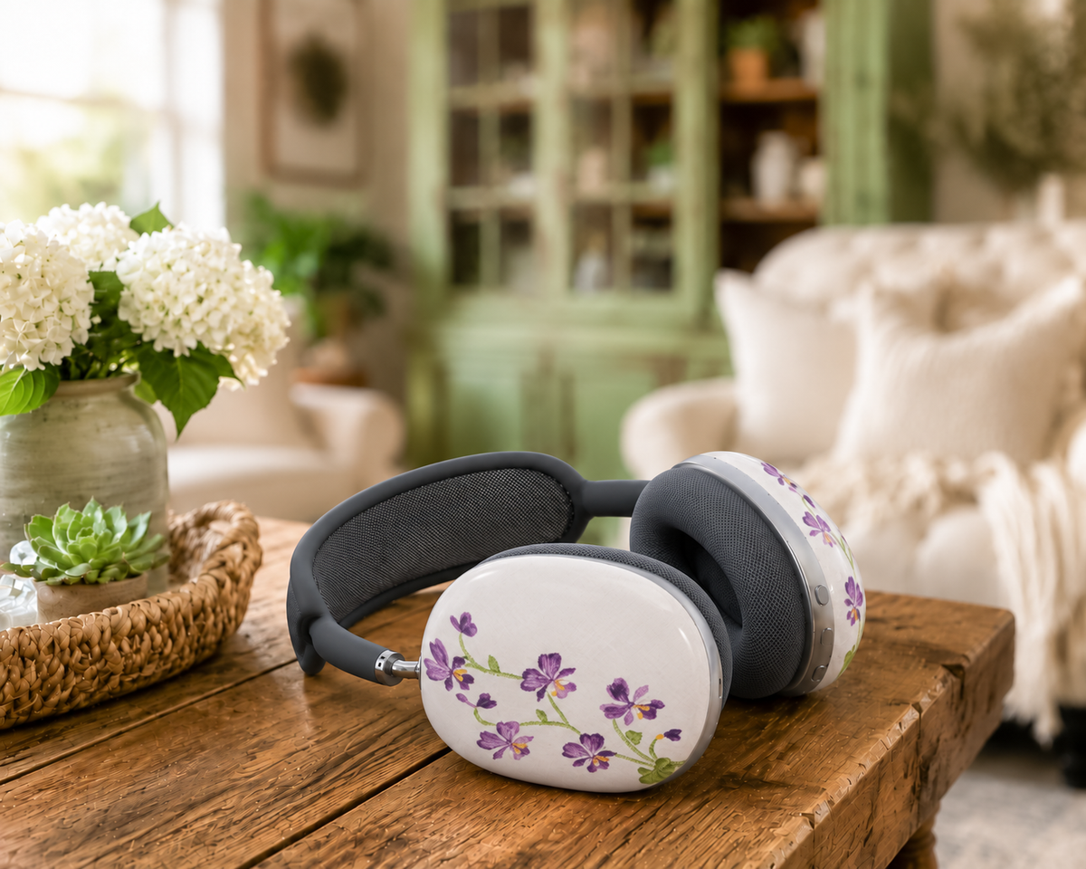 Vintage Purple Pansy Cross Stitch AirPods Max Shell Covers – Floral Protective Case