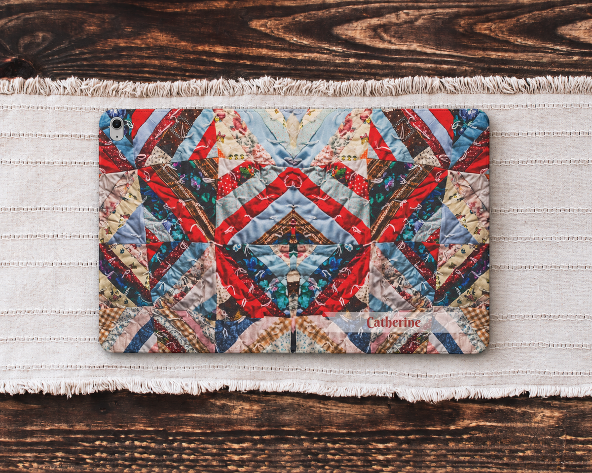 Personalized Vintage Patchwork Strip Quilt iPad Folio Case