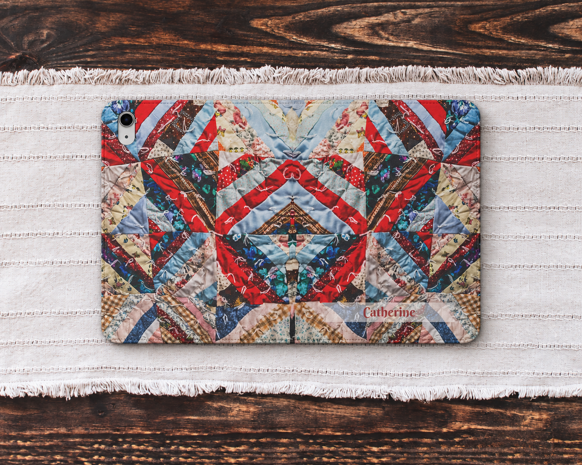 Personalized Vintage Patchwork Strip Quilt iPad Folio Case