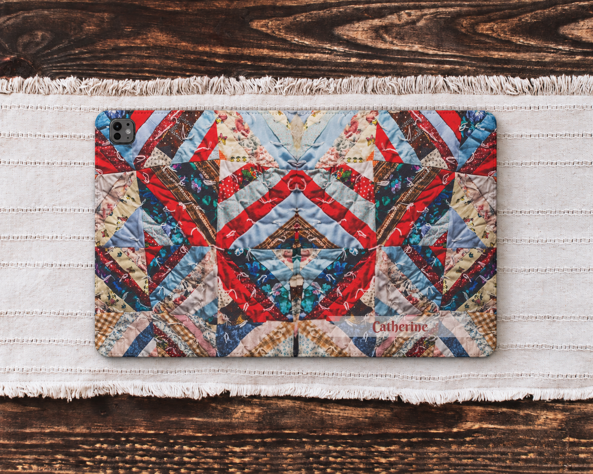 Personalized Vintage Patchwork Strip Quilt iPad Folio Case