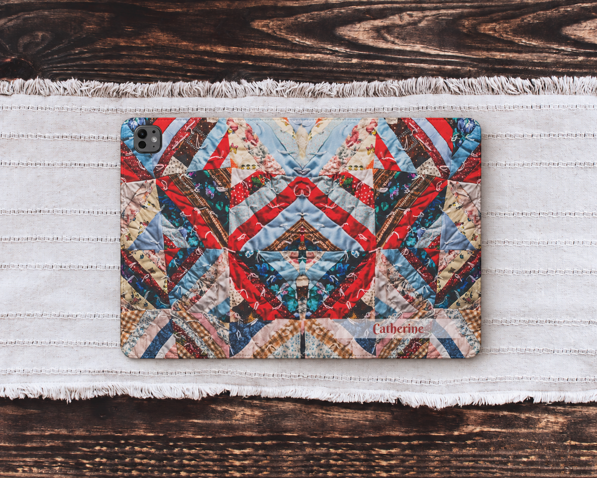 Personalized Vintage Patchwork Strip Quilt iPad Folio Case