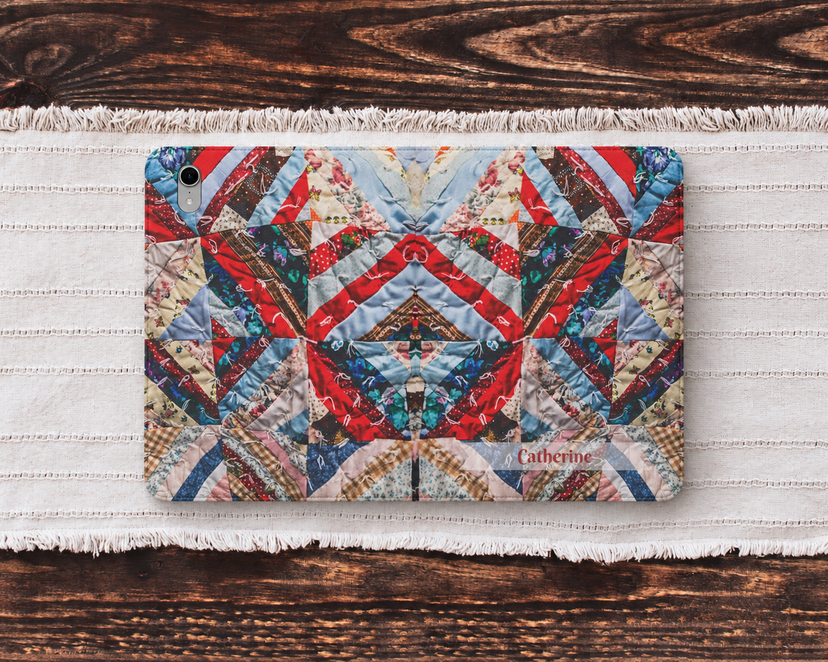 Personalized Vintage Patchwork Strip Quilt iPad Folio Case